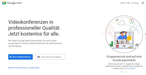 Meet-Screenshot mit der Info, dass ab 31. August für längere Videocalls ein Premium-Konto erforderlich wird