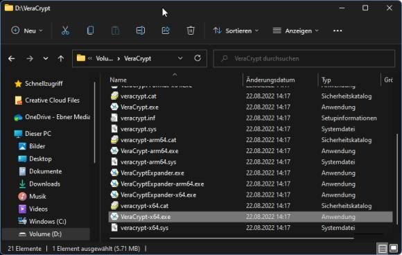 Explorer-Fenster mit den entpackten VeraCrypt-Dateien