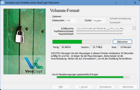 VeraCrypt zeigt den Fortschritt des Erstellvorgangs