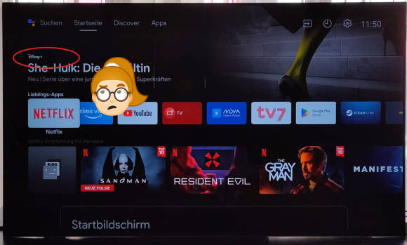 Smart-TV-Startbildschirm mit Werbung und ein genervtes Emoji der Autorin 