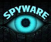Ein türkisblaues Auge auf schwarzem Hintergrund, darüber der Begriff Spyware