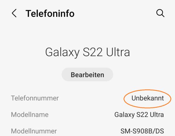 In den Einstellungen des Geräts steht bei der Telefonnummer: "unbekannt" 