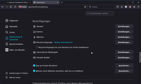 Die allgemeinen Website-Berechtigungen im Firefox