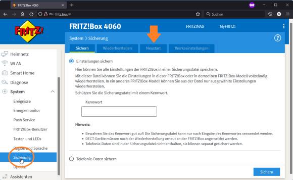 Im Bereich Sicherung ist der Neustart-Reiter markiert