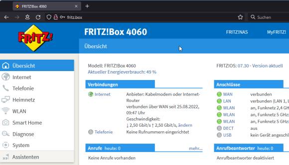 Screenshot der Fritzbox-Bedienoberfläche im Browser 