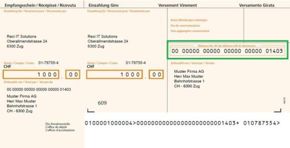 Ein oranger Einzahlungsschein, die Ref-Nr. ist markiert