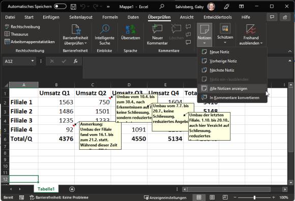 Excel-Tabelle mit eingeblendeten Notizen-Feldern, in denen der Text teilweise abgeschnitten ist 