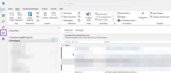 Im Outlook-Screenshot ist in der linken Spalte das Aufgaben-Symbol markiert 