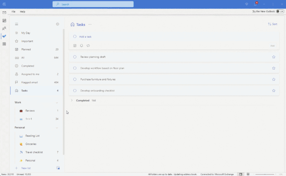 Animiertes GIF der To-Do-Funktion in einem englischen Outlook