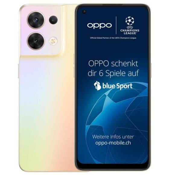 Zwei Oppo Reno 8 5G, abgebildet ist das Gerät je einmal in Shimmer Gold und in Shimmer Black