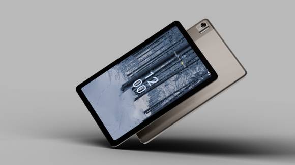 Das Tablet T21 hat einen schwarzen Rahmen, die Rückseite zeigt ein helles Sandbraun