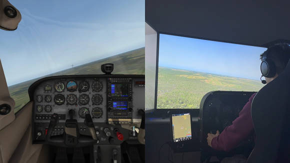 Eine Person in einem grossen Flugsimulator-Cockpit 