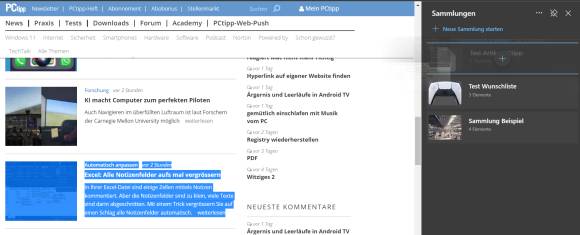 Markierter Text in einer Webseite, daneben die Sammlungen-Funktion 
