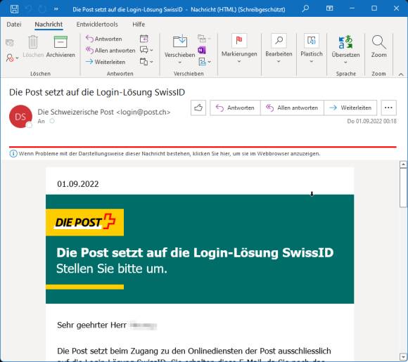 Screenshot der Mail, mit der die Post über die SwissID-Umstellung informiert 