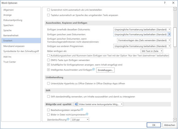 Einstellungen zum gewünschten Standardverhalten beim Einfügen in Word