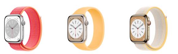 Drei Apple Watches mit Stoff- und Silikonarmbändern in Rot, Gelb, Weiss