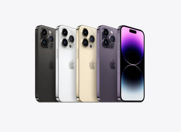 Die iPhone-14-Pro-Geräte in Schwarz, Weiss, Gold, Grauviolett