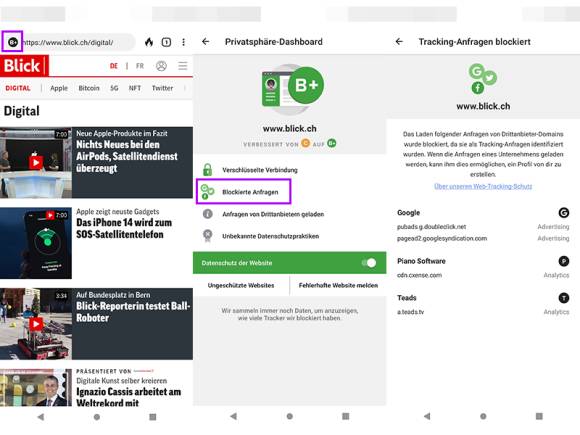 Screenshots der DuckDuckGo-App zeigen blockierte Tracker 