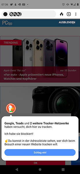 Oben sehen Sie mehrere durchgestrichene Tracking-Symbole DuckDuckGo-App