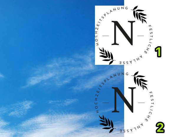 JPEGs kennen keine Transparenz; Vektor-Grafiken und PNGs schon Über dem Bild eines Himmels mit Wolken sind zwei fiktive Logos zu sehen: einmal mit und einmal ohne transparente Stellen