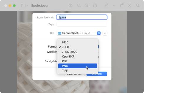 Apples «Vorschau» erweist sich als potenter Bildkonverter für die wichtigsten Formate Der Screenshot zeigt eine Bildkonvertierung im Apple-Programm «Vorschau»