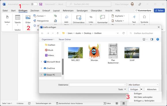 Bilder lassen sich in Word unter verschiedenen Voraussetzungen verknüpfen oder einbetten Der Screenshot zeigt, mit welchen Optionen eine Bilddatei in ein Word-Dokument importiert werden kann