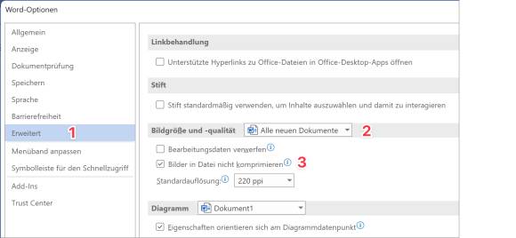Die Einstellungen zur Kompression der Bilder machen den Unterschied Der Screenshot zeigt die Optionen von Word, die festlegen, wie und wann Bilder konvertiert werden
