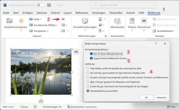 Bilder lassen sich auch nach dem Import noch komprimieren Der Screenshot zeigt, wie ein Bild in einer Word-Datei nachträglich komprimiert wird