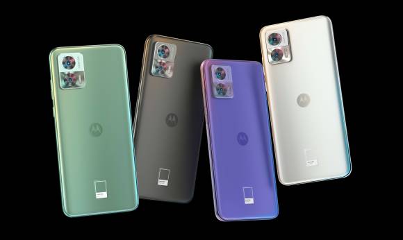 Das Motorola Edge 30 Neo in Grün, Dunkelgrau, Violett und Weiss
