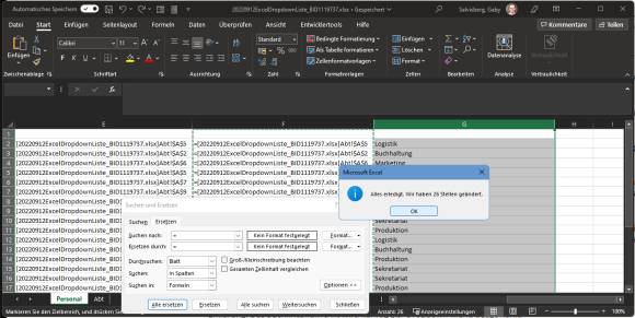 Der Ersetzvorgang ist abgeschlossen, im Hintergrund stehen schon die per Formel nachgeschlagenen Abteilungsnamen