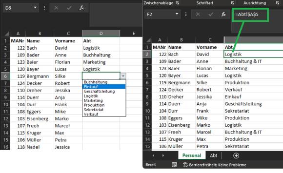 Beispiel vorher (Dropdown-Menü) und nachher (Zellverweis) 