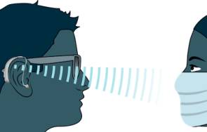 Schema zeigt Schallwellen zwischen dem Ohr des Hörgeräteträgers und dem Gesicht einer Person mit Hygienemaske 