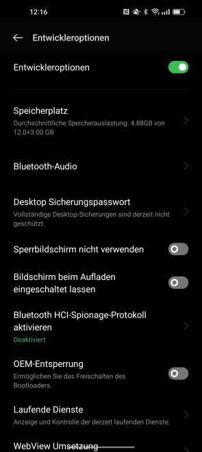 Screenshot der Entwickleroptionen