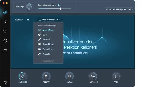 Der Screenshot zeigt die Software «Boom»; in einem Einblendmenü lassen sich verschiedene Einstellungen aufrufen, um zum Beispiel den Bass zu verstärken