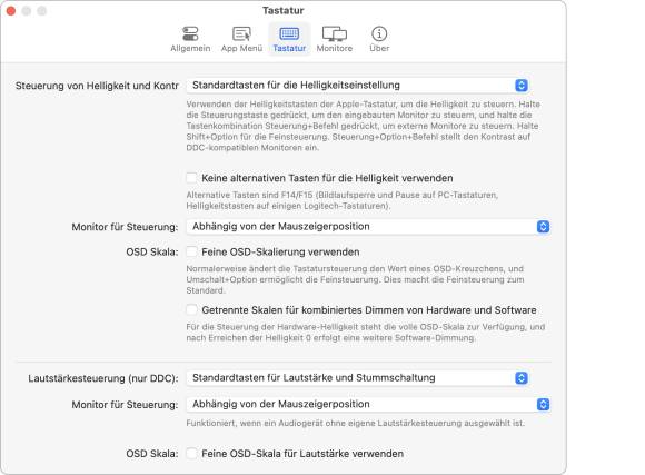 Der Screenshot zeigt einige Einstellungen der Software «Monitor Control»