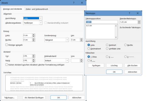 Word-Absatzeinstellungen und Tabstopps