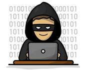 Cartoon-Bild eines Hackers mit Hoodie und Augenmaske an einem Notebook