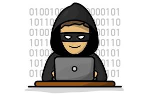 Cartoon-Bild eines Hackers mit Hoodie und Augenmaske an einem Notebook 