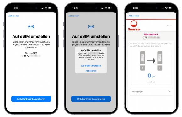 Drei iPhones zeigen nebeneinander, wie die Konvertierung eingeleitet wird
