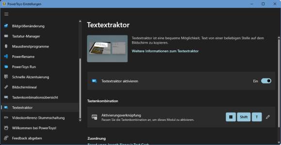 Die Einstellungen des Textextraktor-PowerToys