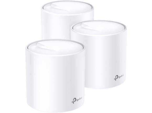 Drei weisse zylinderförmige TP-Link Deco X60