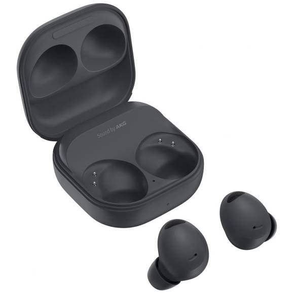 Die Samsung Galaxy Buds 2 Pro, hier in Schwarz, daneben ihr Ladecase 