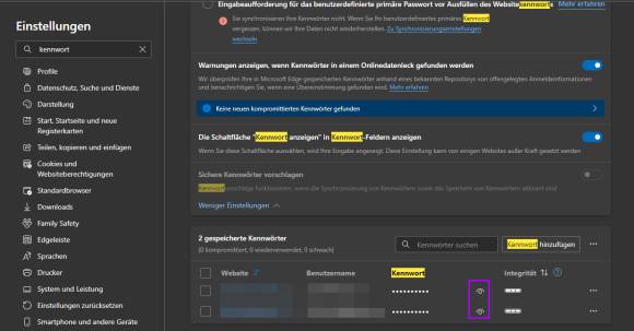 Die Funktion Kennwort anzeigen in Microsoft Edge