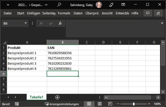 Die kleine Excel-Tabelle mit unseren vier Beispiel-EAN-Codes