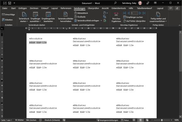 Die Word-Datei mit den vorbereiteten Etikettenfeldern