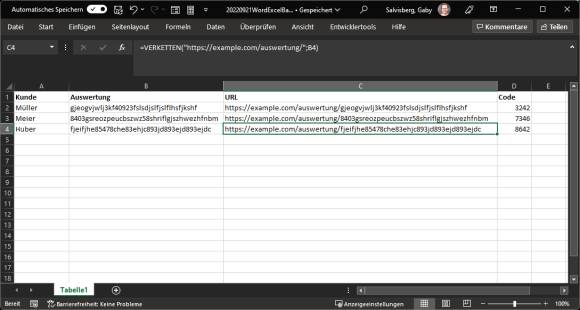 Beispieltabelle mit Kundenname, URL und Code
