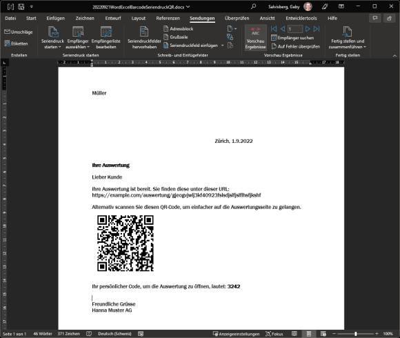 Screenshot des Beispielbriefes inkl. QR-Code in Word