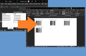 Eine kleine Excel-Tabelle, daneben ein Word-Fenster mit Strichcodes 