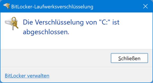 Ein Meldungsfenster teilt mit: Die Verschlüsselung von C: ist abgeschlossen