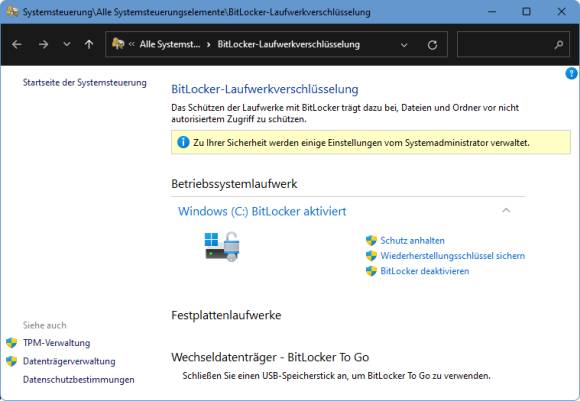 Die Windows-Systemeinstellung zu Bitlocker 